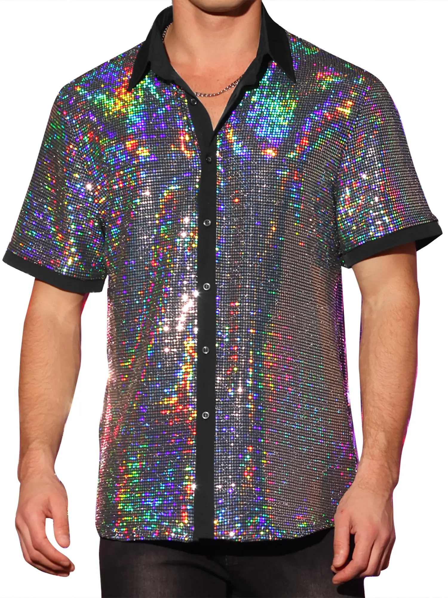 INSPIRE CHIC Sequins Shirts for Men's Short Sleeves Disco Party Sparkly Metallic Shirt