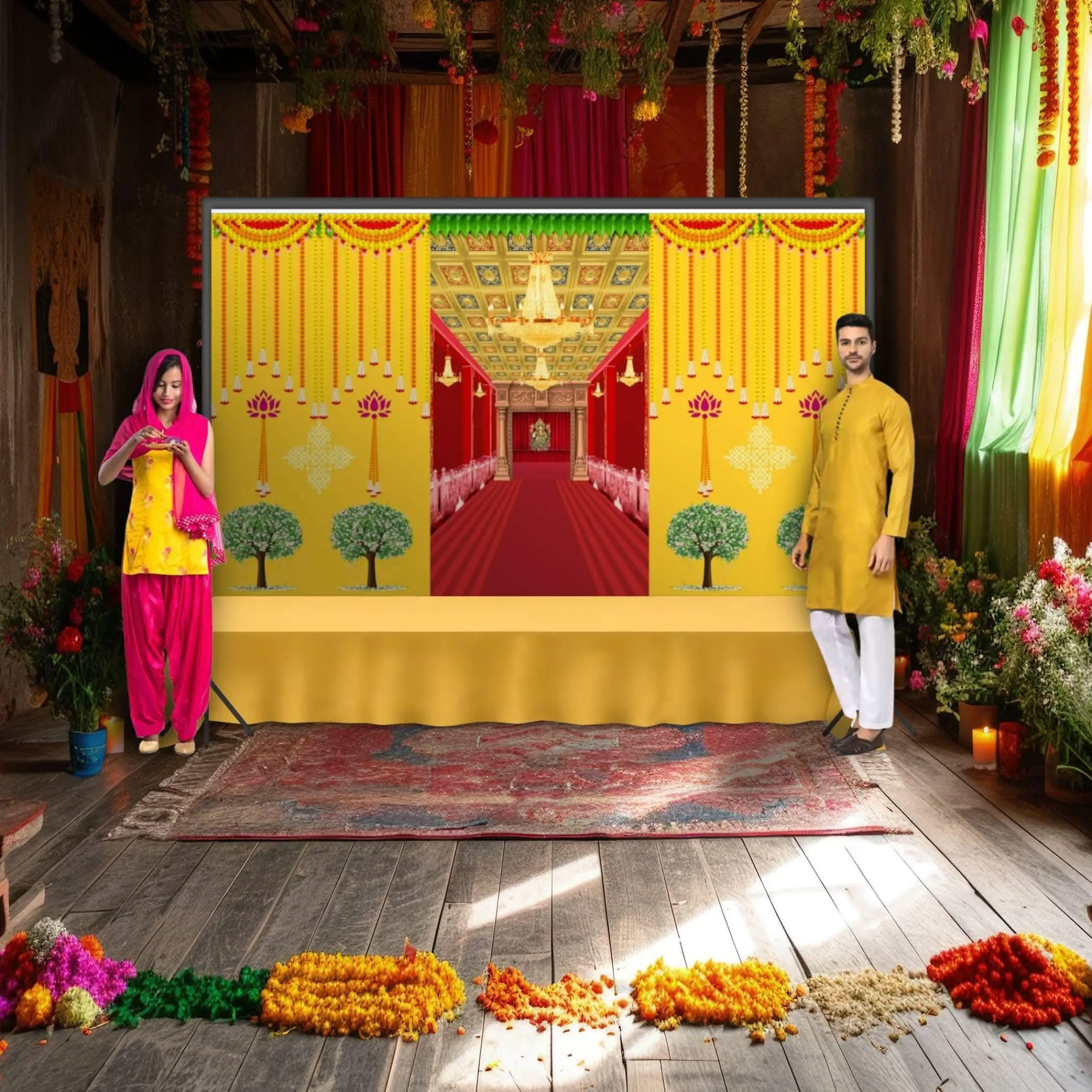 Sacred Ganesha Backdrop | Premium Polyester Cloth for Indian Festivals, Weddings | Elegant Diwali Pooja Décor | 5x8 ft, Tearproof