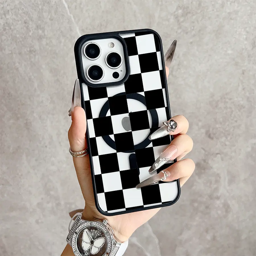 Checkerboard Magnetic Snap Case for iPhone 17/16 Pro Max 15 Pro 14 13 12 Mini 11 XR XS Plus SE Shockproof Slim Protective Cover