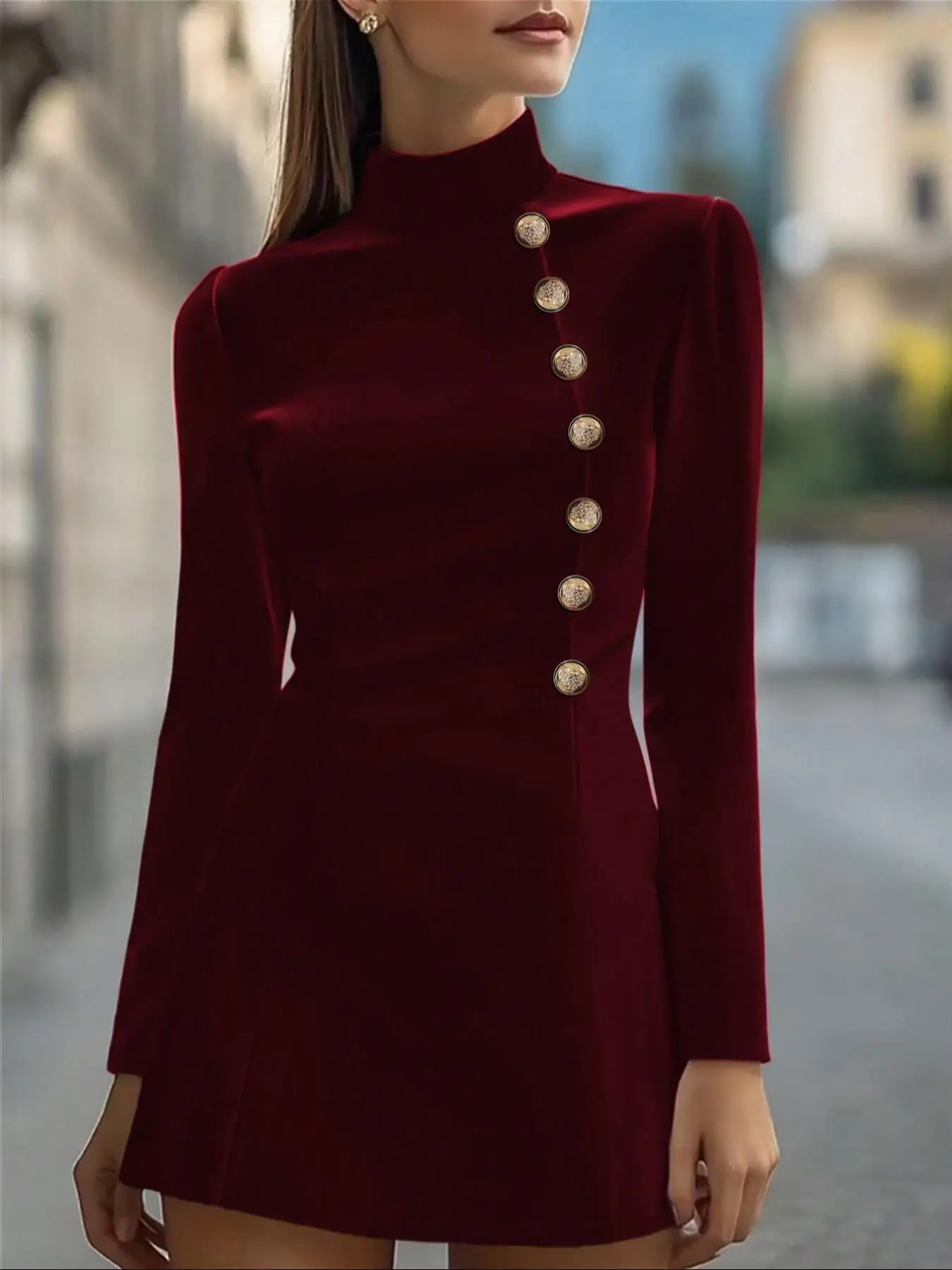 Elegant Women's Solid Color Mock Neck Long-Sleeve Mini Dress, Formal Wear, Decorative Button Detailing, Tight-Fitting Hip Skirt, Perfect for Any Occasion
