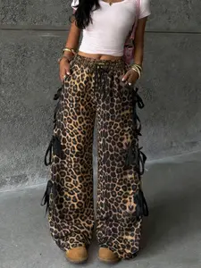 Women's Cool Casual Leopard Print Wide Leg Pants, Trendy Side Bow High Waist Long Pants, Street Style and Concert Wear
