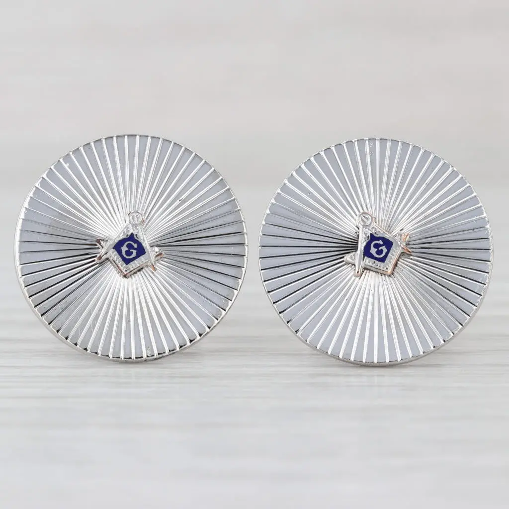 Vintage Masonic Cufflinks, Sterling Silver Male Jewelry with Blue Enamel Square Compass Design, Folding Backs, Graded by GIA, Gia Graded
