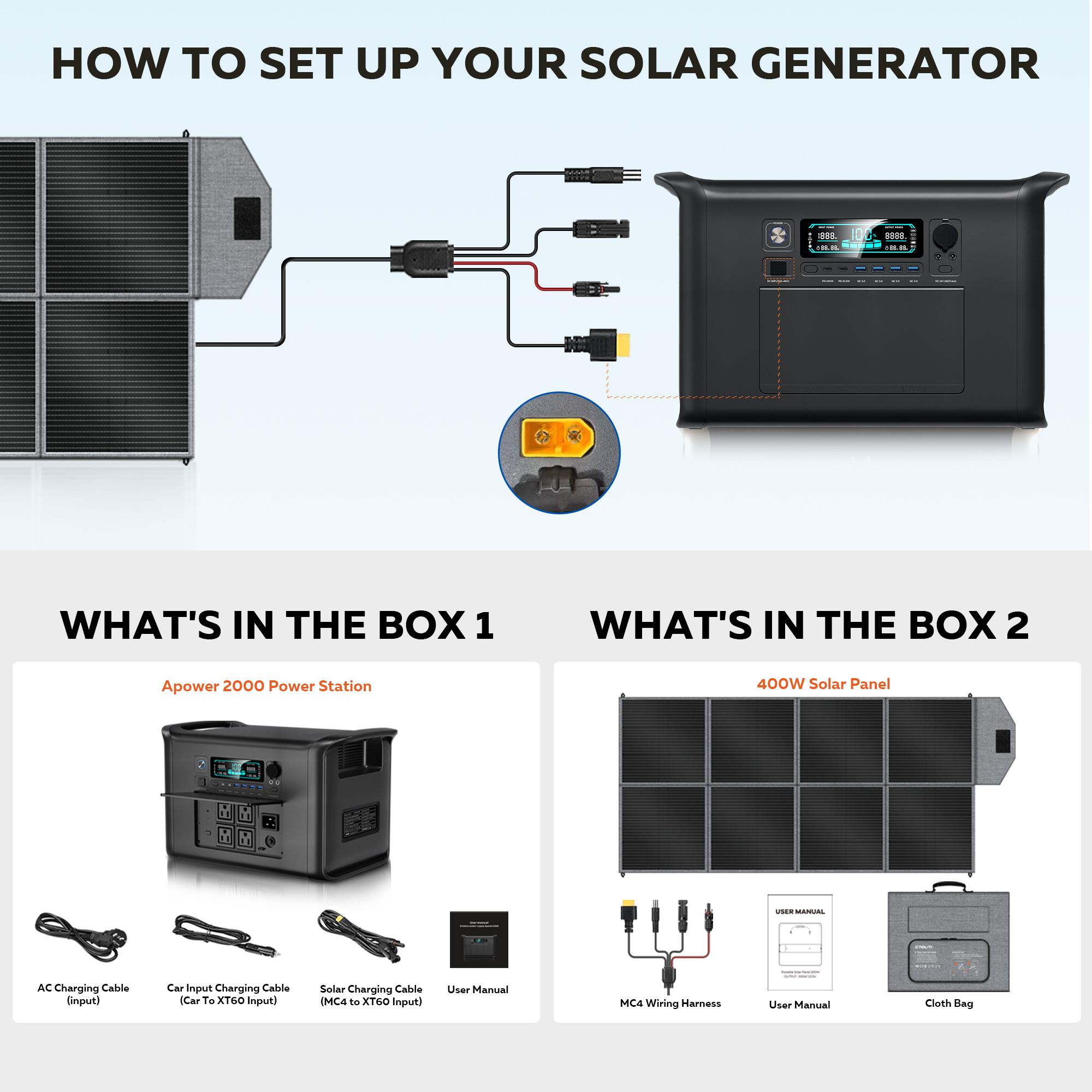 [TikTokShopBackToSchool] CTOLITY AP2000 2400W Portable Power Station + SP400 400W Solar Panel, 2048Wh LiFePO4 Solar Generator, 1000W Fast Charging, Battery Backup with UPS, Home Solar Power Station for RV, Camping & Emergency Use, Back to School Haul