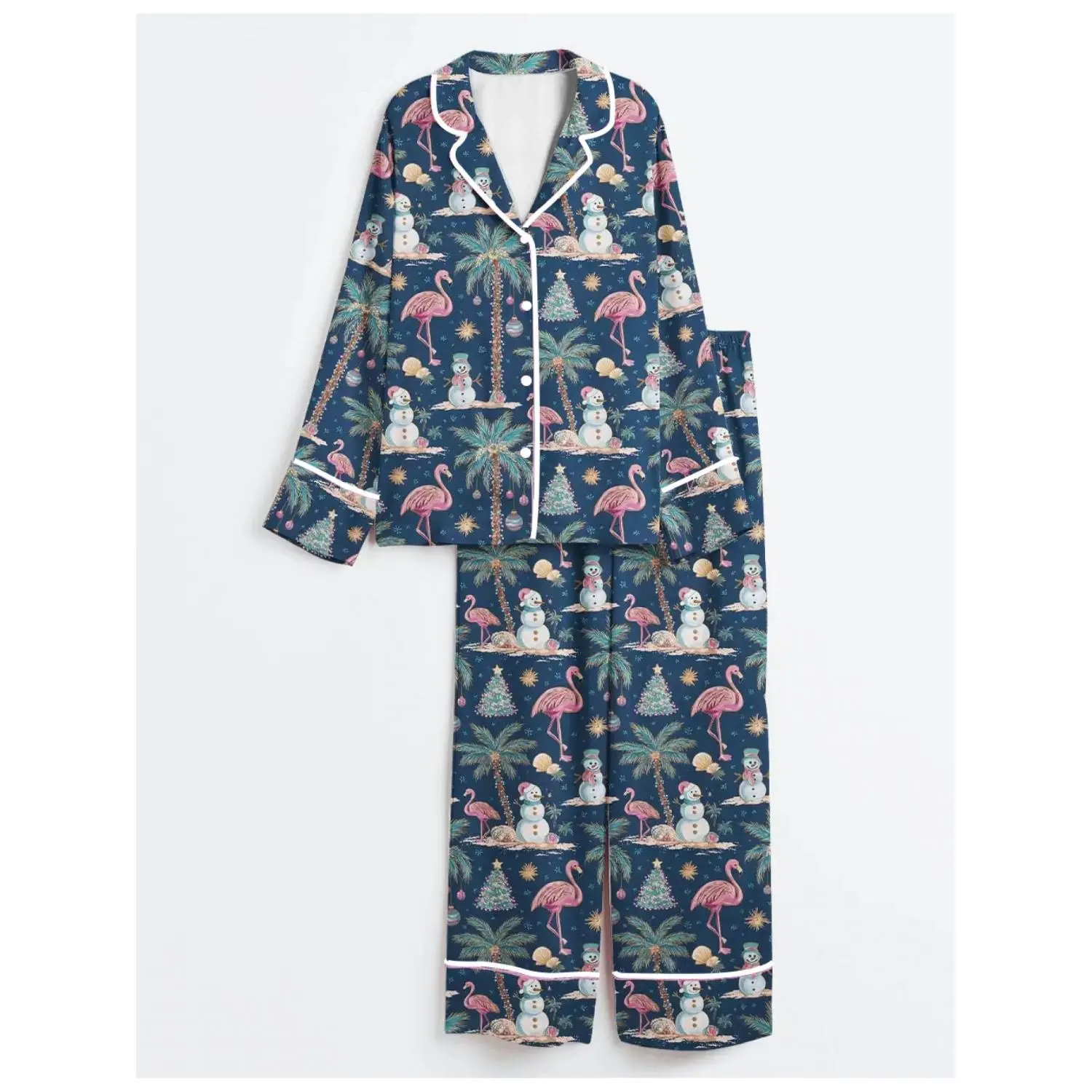 Tropical Christmas Flamingo Pajama Set for Women, Long Sleeve Sleepwear