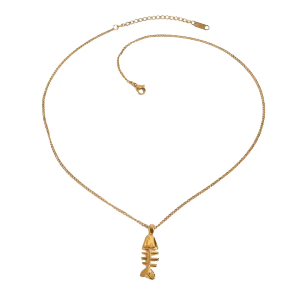 Fishbone Pendant Necklace - 18K Gold PVD Plated Stainless Steel