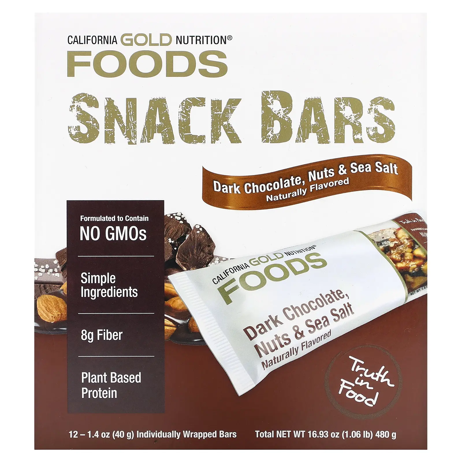 California Gold Nutrition Foods, Dark Chocolate, Nuts, & Sea Salt Snack Bars, 12 Bars, 1.4 oz (40 g) Each