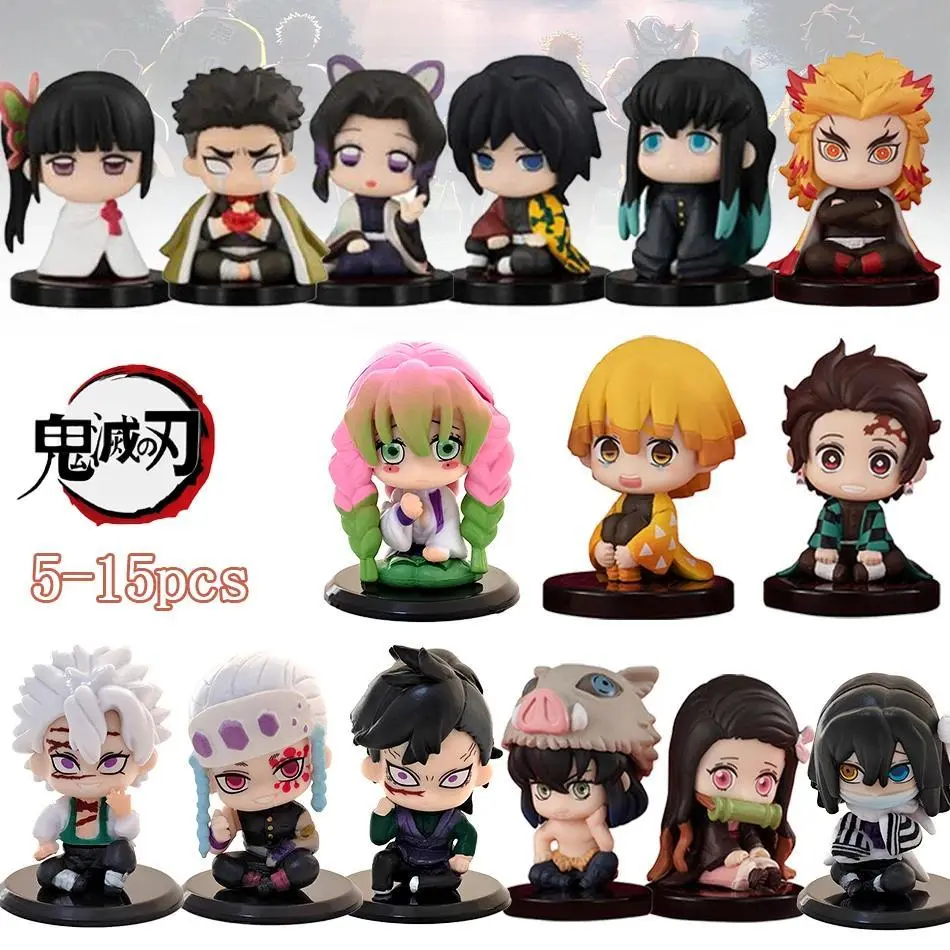5-15pcs Q Version Demon Slayer Sitting Ghost Doll Tanjiro Nidouzi Inosuke Zenizu  Toy  Figural PVC Model Gift