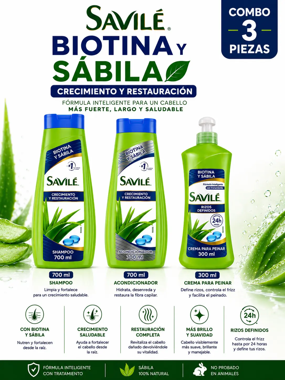 SAVILE COMBO BIOTINA Y SABILA-shampoo 700 ml + conditioner 700 ml + cream 300 ml