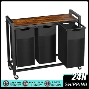 Rustic Brown & Black 3-Compartment Pull-Out Bags Laundry Hampers Organizer, Freestanding Movable Wheels Removable Sorter, 3×10.6 Gal (120L) Capacity, for Bathroom