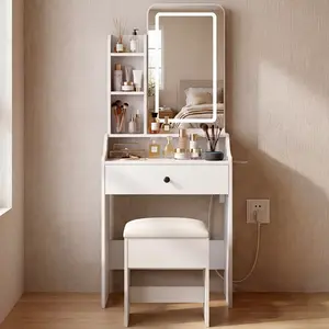 Vanity Desk with Lighted Mirror & Power Outlet, Makeup Vanity with Drawers, Holder for Bedroom Girls