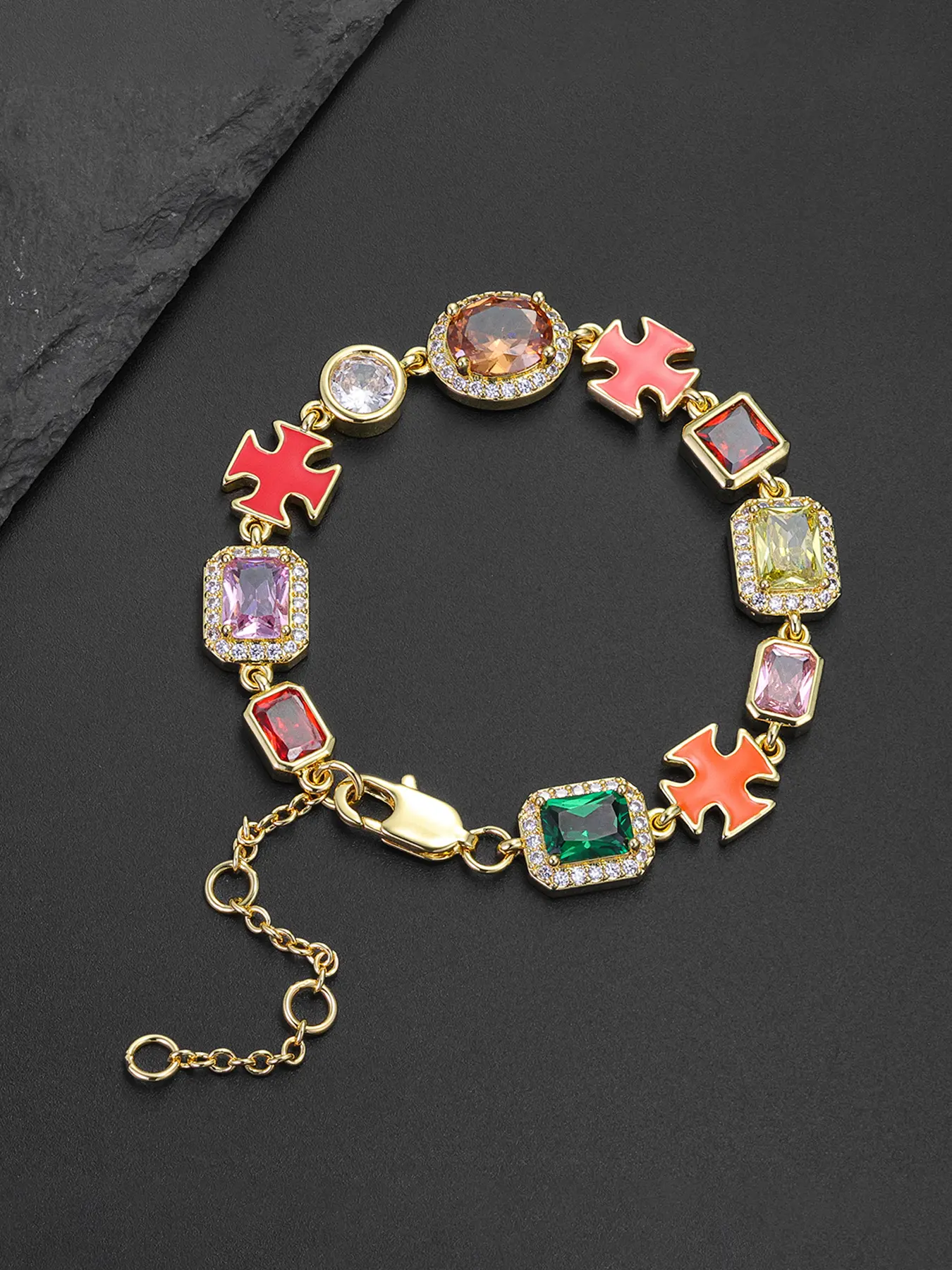 ICED CHICS Cross-Drip Oil Colored Cubic Zirconia Copper Chain Bracelet, Geometric Cube Design Hip-hop Style Bracelet, Birthday Gift for Party and Special Occasions, Adds Elegance and Sophistication, Unisex Design, Bracelet Jewelry, Fashion Bracelet