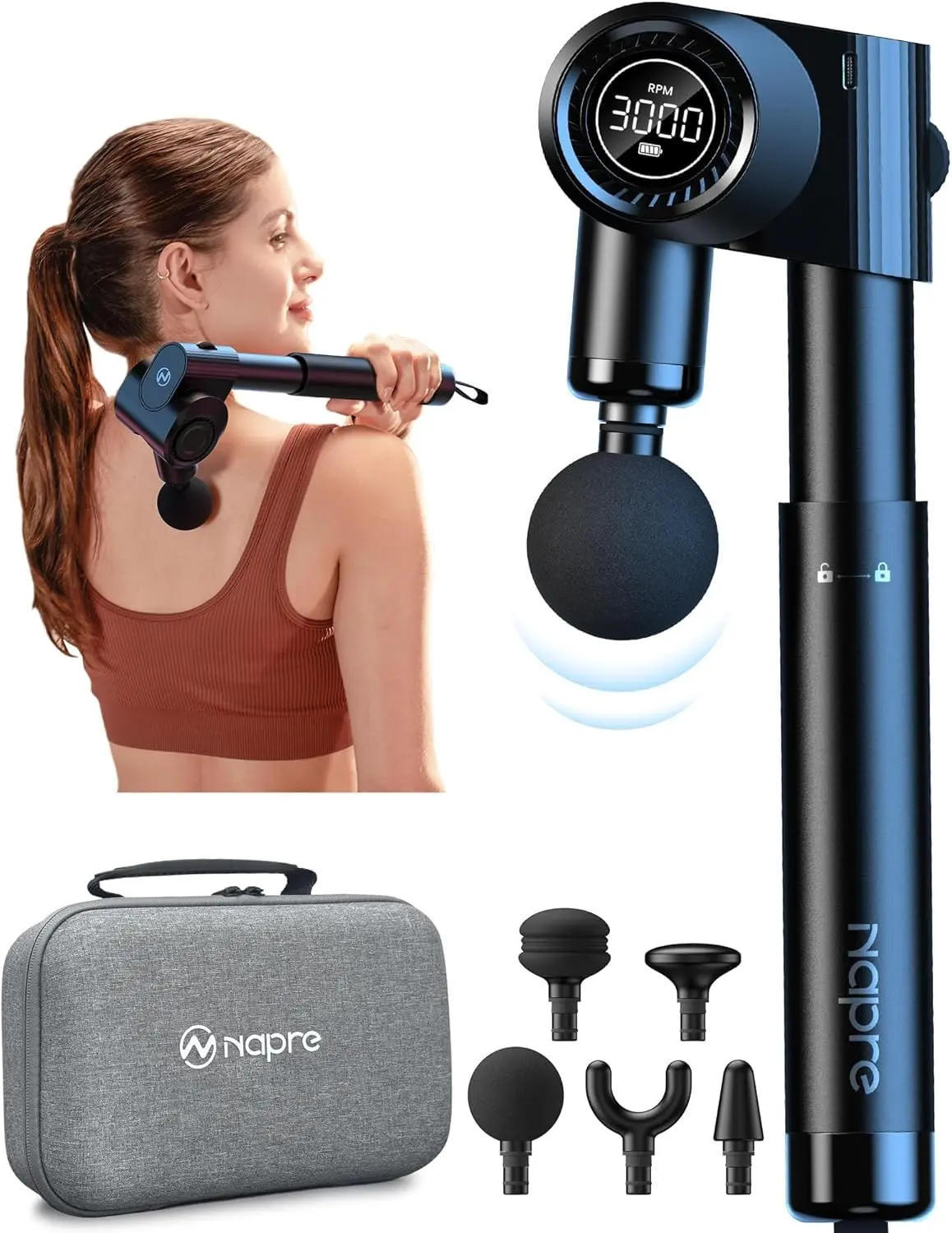 NAPRE Foldable Massage Gun with Long Extension Handle, Deep Tissue Percussion Massager with 5 Adjustable Angles, 32-Speed Quiet Brushless Motor for Pain Relief, Brush, Relaxing, Kit, Gift