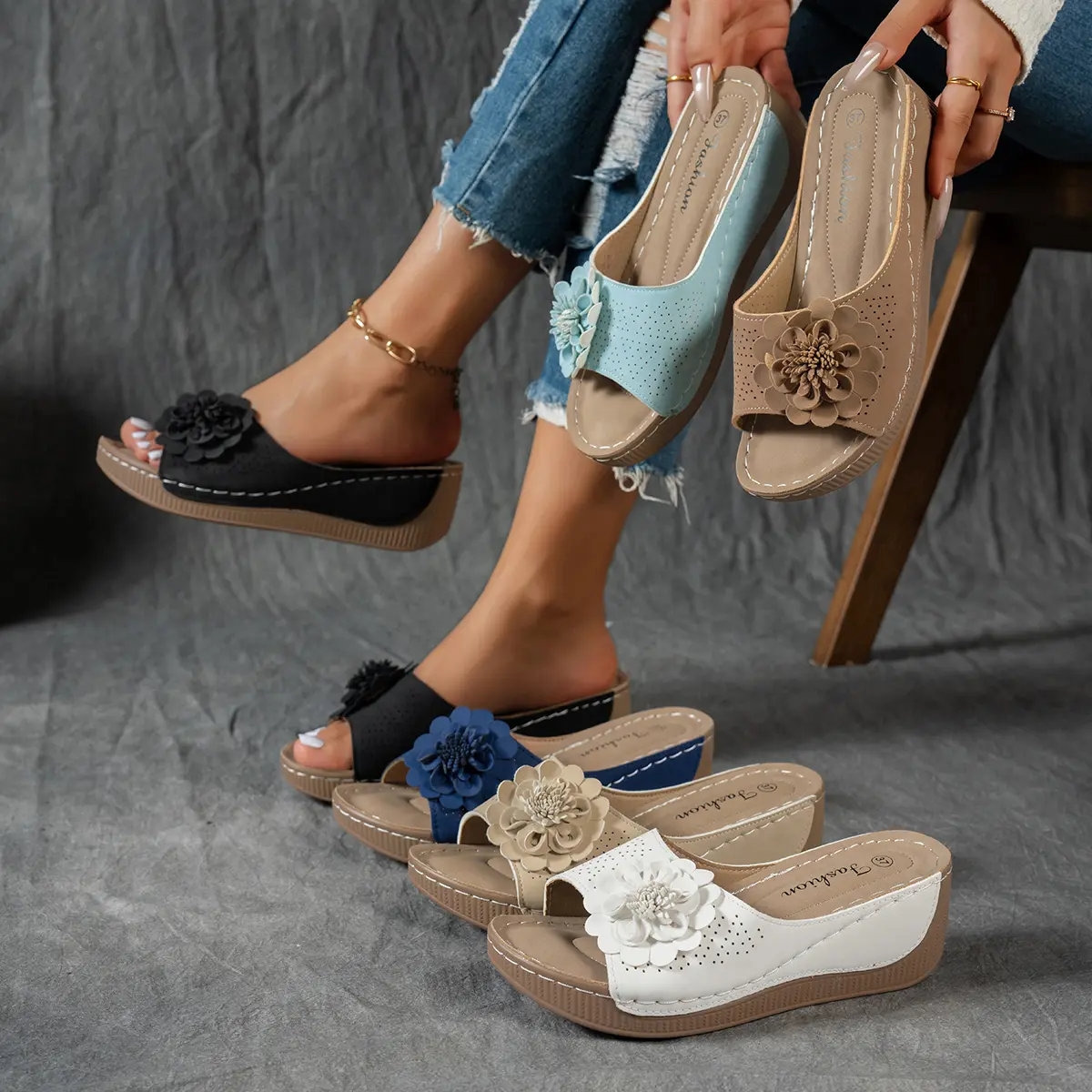 Women's Floral-Embellished Slip-On Wedge Sandals - Breathable Synthetic Leather Upper, EVA Sole, Thick Heel, Comfortable Elegant Shoes for Beach Vacations, Casual Outings, Sandals Women, Women Sandals