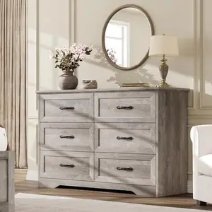 Grey Farmhouse 6 Double Drawers Dresser for Bedroom, 47.2'' Wide Chest of Drawer, Wooden Horizontal Dresser with Metal Handles and Stable Base, Modern Cabinet for Bedroom, Living Room