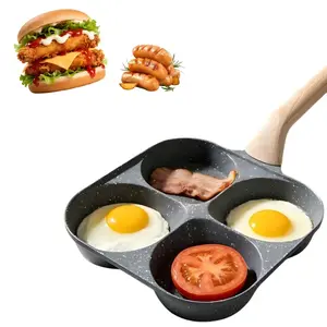 Multifunctional Non-stick Egg Frying Pan, 4-hole griddle with wooden handle, medical-grade stone omelet pan with wooden handle. Ideal for omelets, burgers, breakfasts, and quick home cooking. Non-stick cookware frying pan.