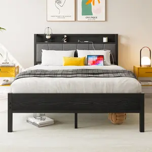Full Size Bed Frame with Storage Headboard and Charging Station, Solid and Stable, Noise Free, No Box Spring Needed, Easy Assembly