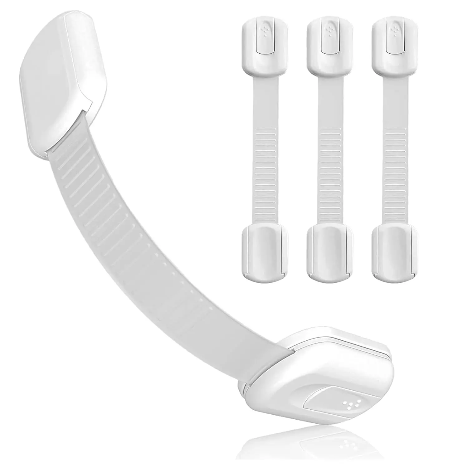 4-Pack Adjustable Proof Cabinet Locks - No Drill Installation Safety Straps, 3 to 7 Inch Durable ABS Adhesive Latches for Drawers, Cupboards, Busy Moms and Dads, Pet-Safe Easy-to-Use Hardware, Trash Cans