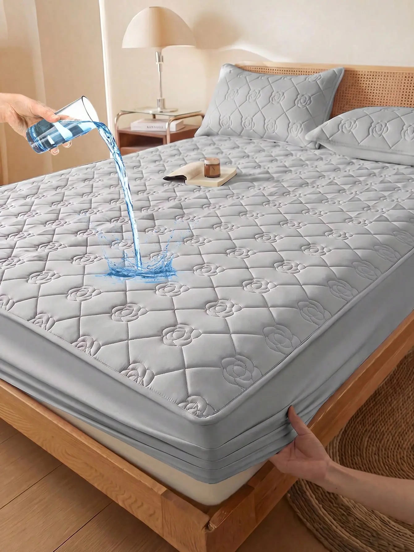 1PC 30cm Deep Fitted Mattress Sheet - Rose Pattern, Ultrasonic Stitching, Polyester Fabric, Waterproof Quilted, Breathable Bed Sheet, Machine Washable, Fitted Mattress Sheets