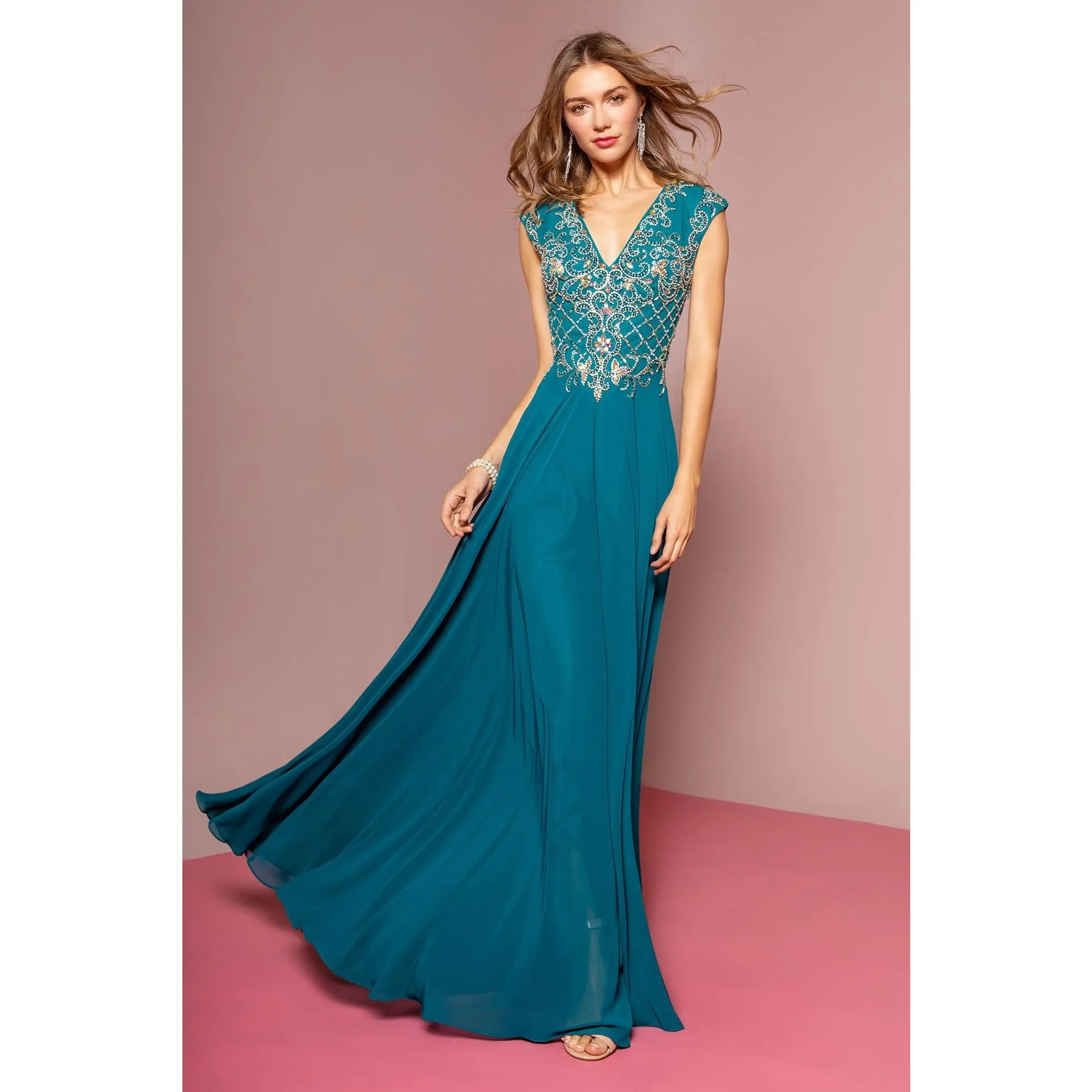 V-Neck Chiffon Floor Length Dress with Jewel Embellished Bodice