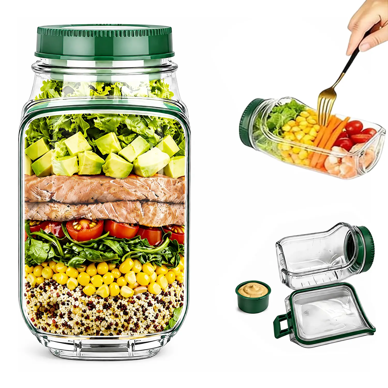 Jar Side Open with Leakproof Dressing Compartment, Portable Container, Home, Office, Travel, Outdoor Salad Container for Lunch