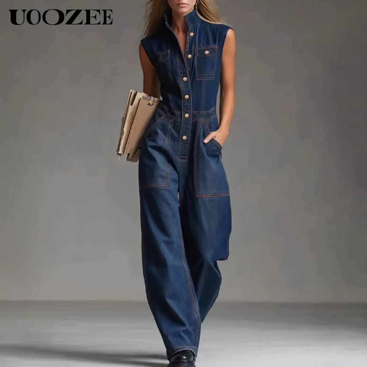 UOOZEE Women's Cotton Denim Jumpsuit - Style Basic Fitted Button-Front Sleeveless Collared Baseball Top Overalls, High Waisted Wide Legs Trouser, Chunky Bag-Friendly Pockets, Vintage Dark Wash, Blazer-Compatible, Size Up Tip for C-Cup+, Everyday Wear, S,,