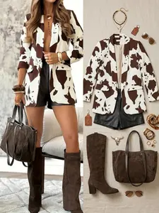 Elegant Chic Women's Cow Print Blazer Jacket, Loose-Fitting Long Sleeve Button Front Coat, Casual Fashion Outerwear for Spring Summer Fall Winter