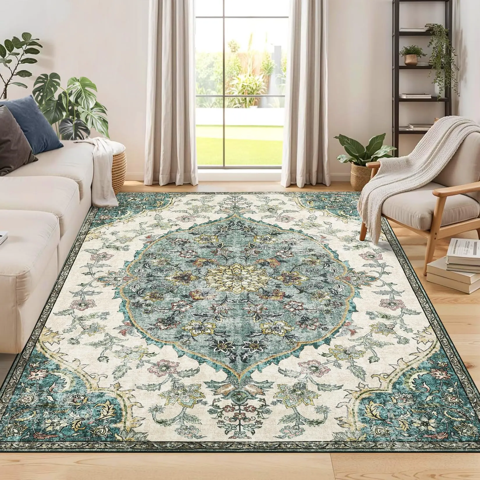 GARVEE 10x13 Area Rug - Vintage Neutral Bohemian Design, Large Machine Washable, Non-Slip, Non-Shedding Floral Soft Carpet, Low Pile Foldable Rug for Living Room, Farmhouse Style in Green