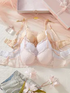 Sweet Embroidered Lace Patchwork Everyday Fitted Women's Bralette Set, Thin Adjustable Straps, Three-Piece Lingerie Collection, Comfortable & Stylish Underwear