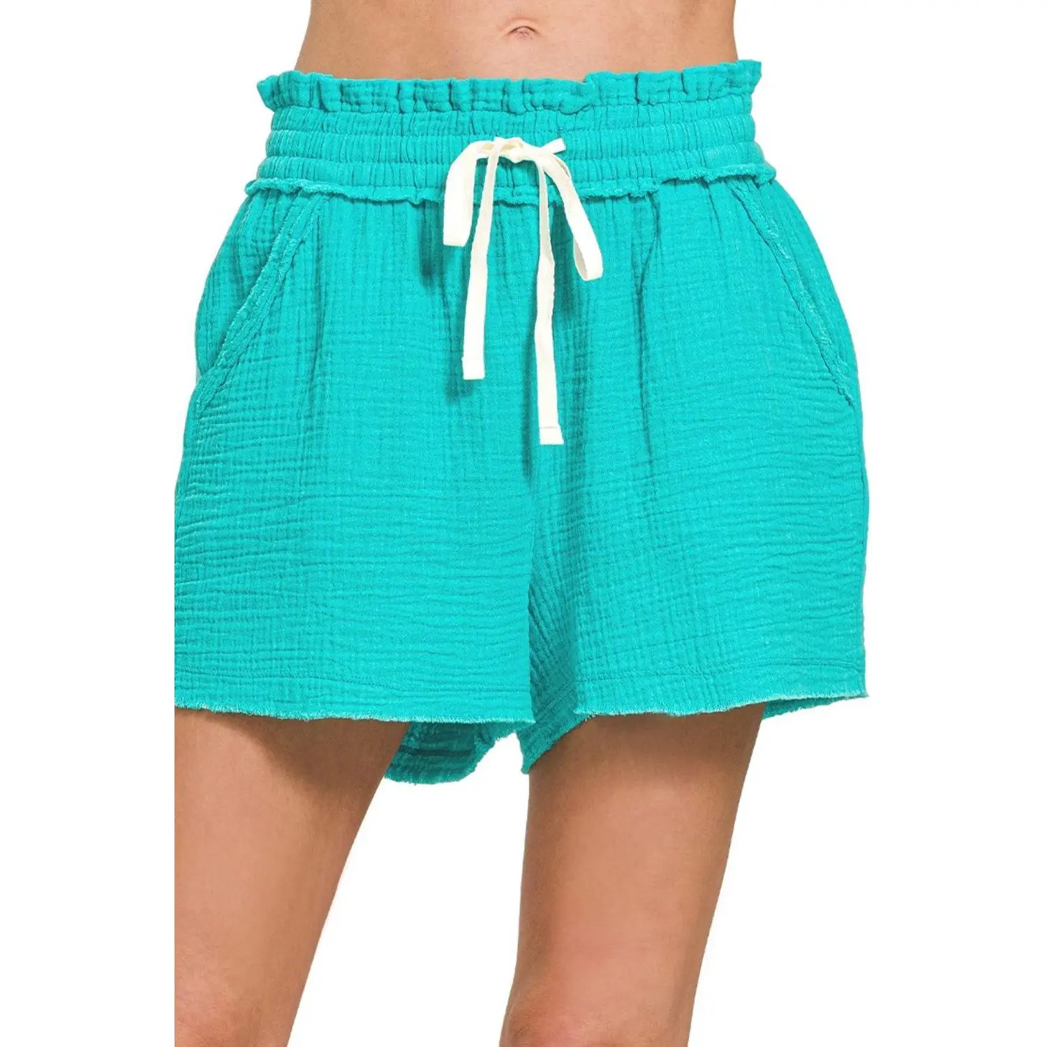 Zenana Double Gauze Elasticband Drawstring Waist Shorts