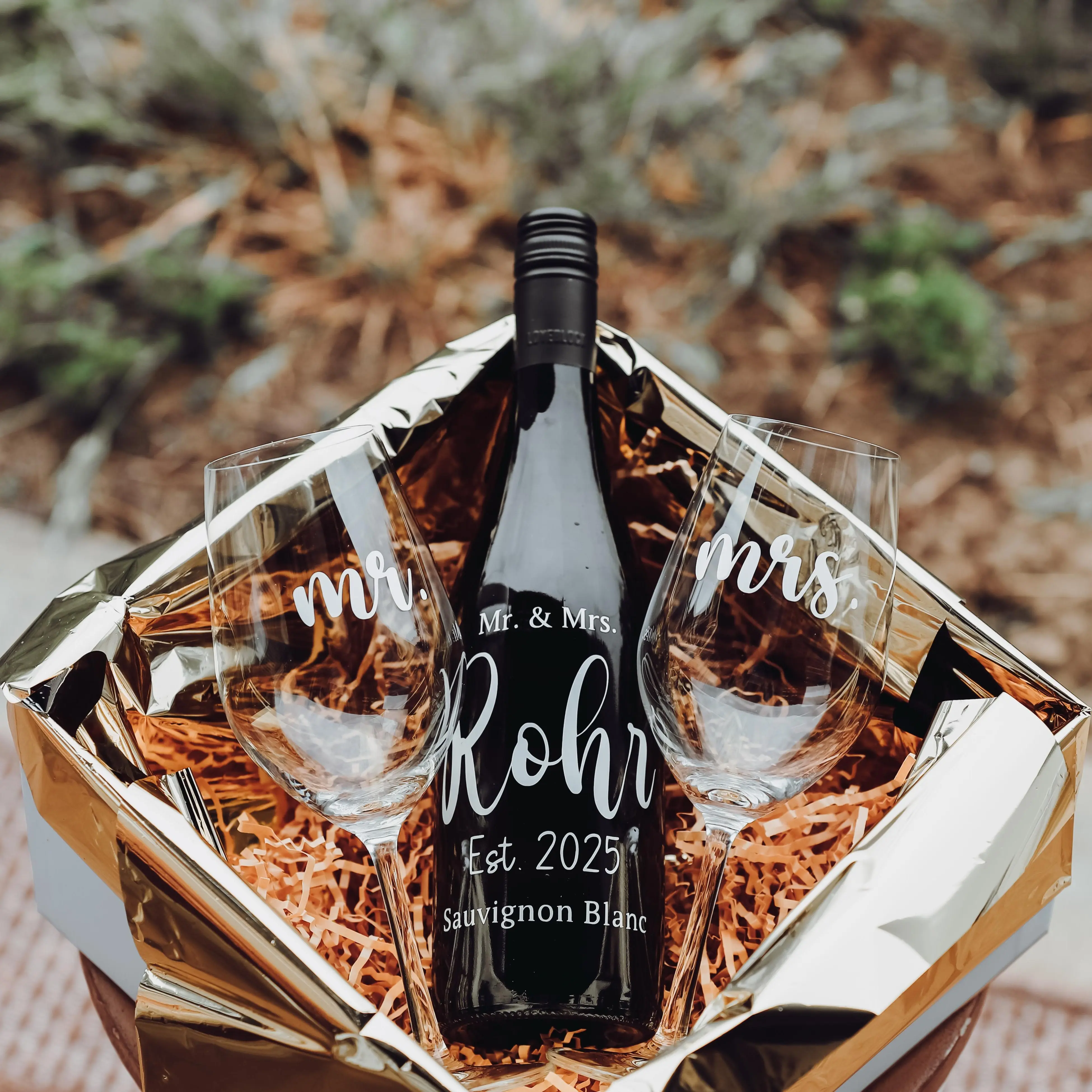 The Newlywed Collection: Mr. & Mrs. Wine Gift Set | Custom Monogram Wine Glasses & Wine Bottle Keepsake