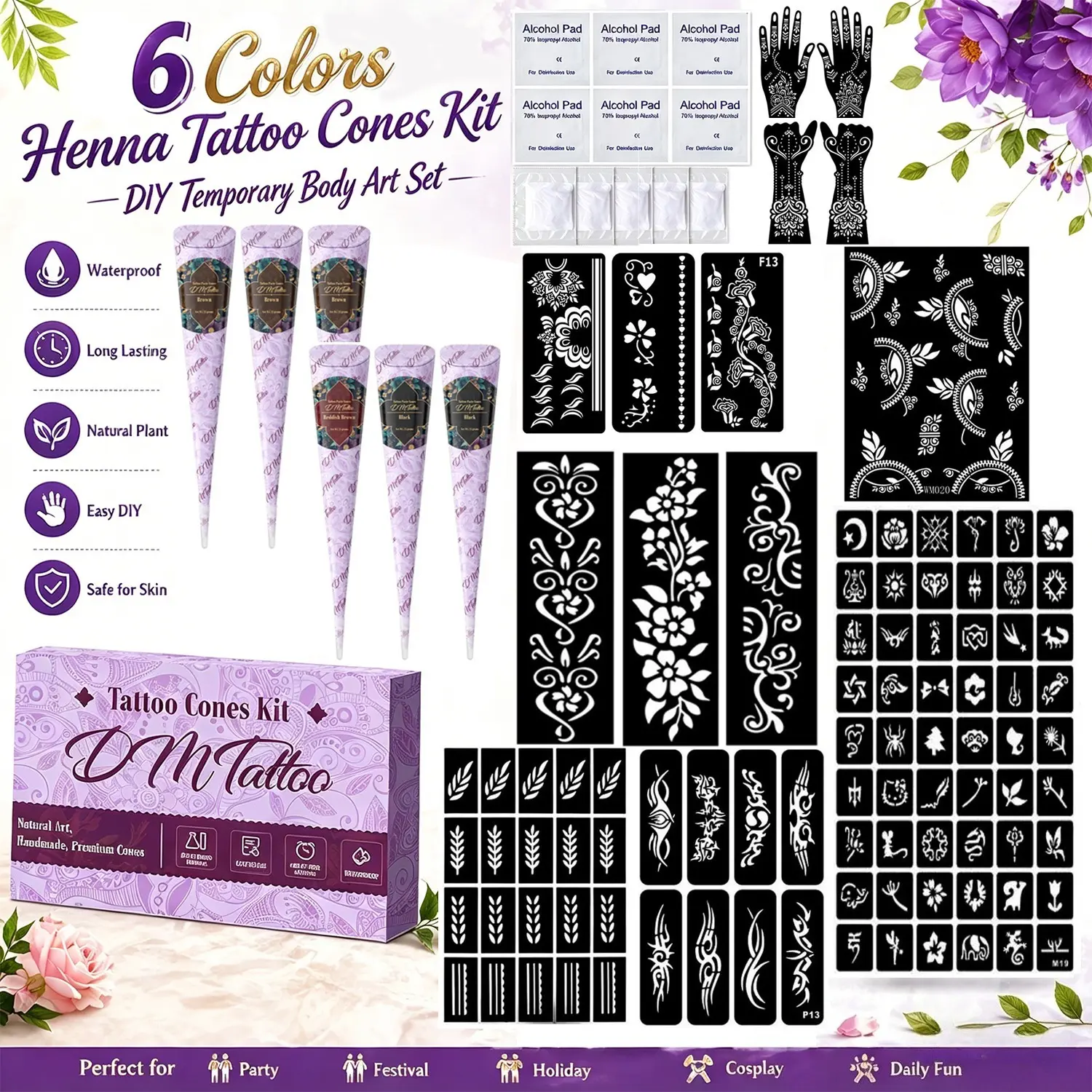 Creative DIY henna tattoo paste set with vibrant colors. Various stencils for diverse designs. Mild skin-friendly texture, waterproof lasting color, add charm to festive dressing styles. Henna Cones. DIY Tattoos