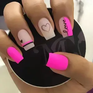 Vibrant Matte Pink Lines Press-On Nails | CurvLife Nail | 30pcs Short Square Fake Nails | Matte Finish with Sweet Heart & Love Script | Easy to Apply, Comfortable & Long-lasting | Ideal for Valentine’s Party, Date Nights, Friend Meetups & Casual Hangouts