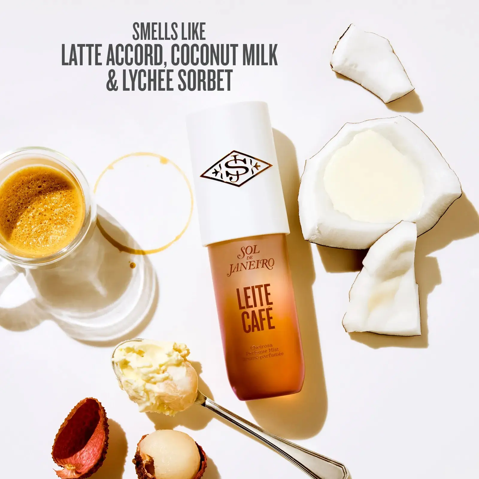 Sol de Janeiro Unisex Leite Café Perfume Mist Spray - Limited Edition Indulgent Fragrance with Fresh Coffee Brewing, Latte Accord, Condensed Milk, Coconut Milk, Lychee Sorbet, Jasmine, Cafe, Bottled Spritz Unisex Fragrance, Brazilian Jasmine Scented Unise