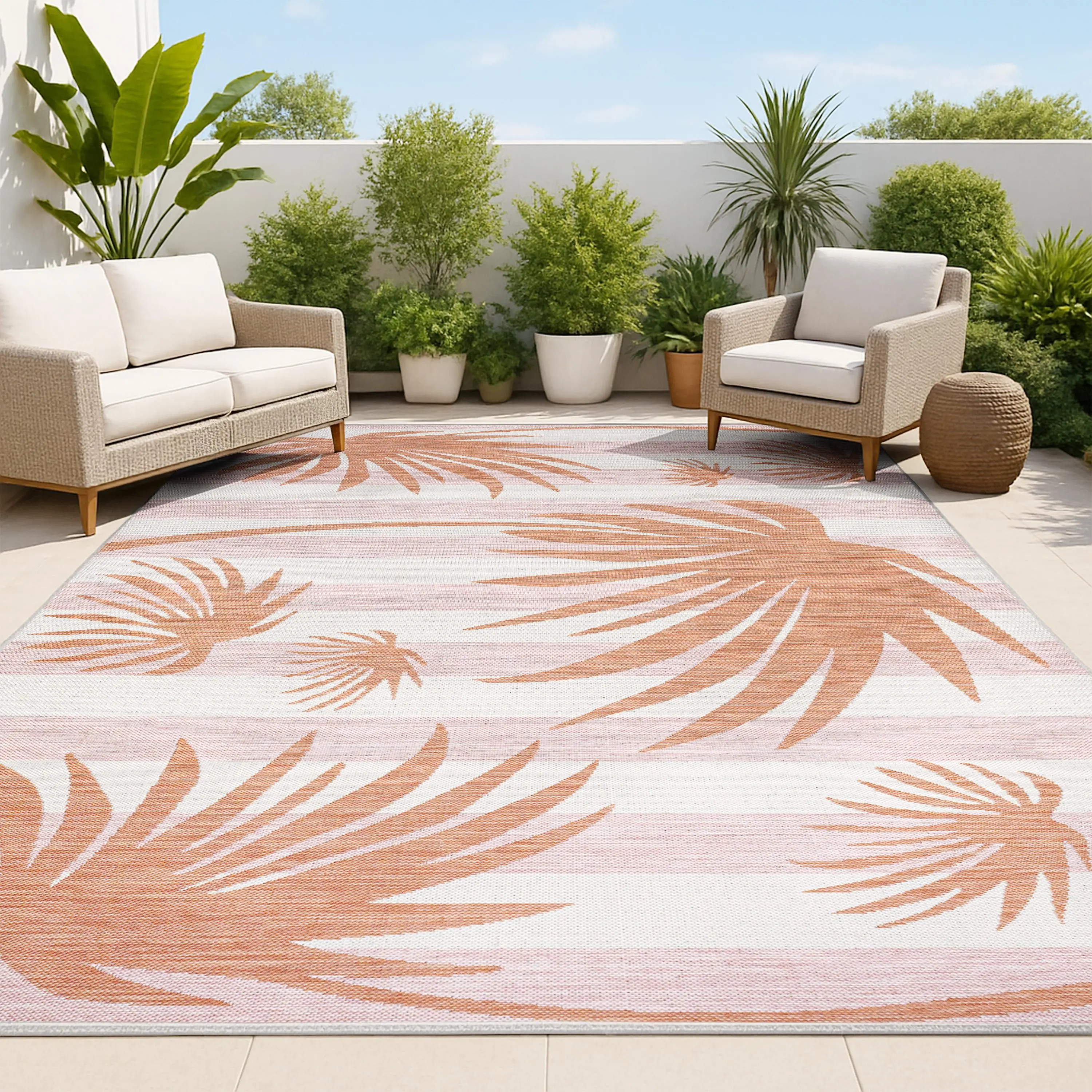 Veronica Classic Beach Stripe And Palm Leaf Indoor/Outdoor Area Rug