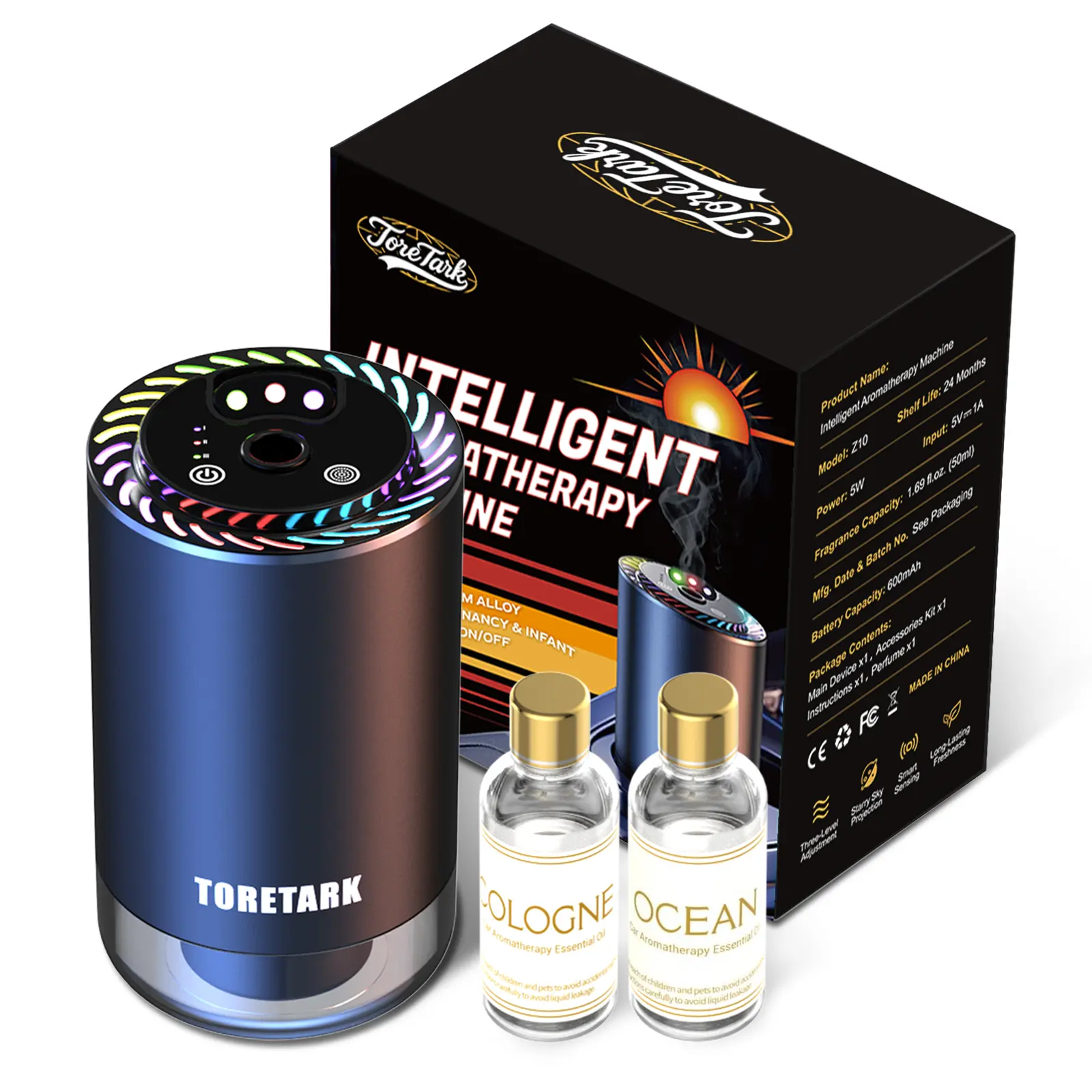 Toretark Smart Car Air Freshener Diffuser, Voice Control Aromatherapy Device with 7 Color Starry Light, Automatic Spray, Car Perfume Freshener for Men Women