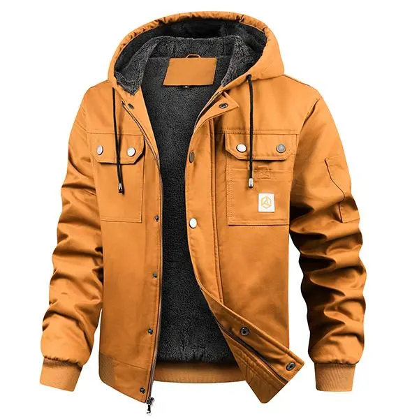 INVACHI Men's Heavyweight Sherpa Lined Workwear Jacket, Durable Cotton Winter Coat, Relaxed Fit with Hood, Tops, Fabric, Menswear, Durable Cotton Construction, Rib, Check Size Chart, Drawstring, Woven