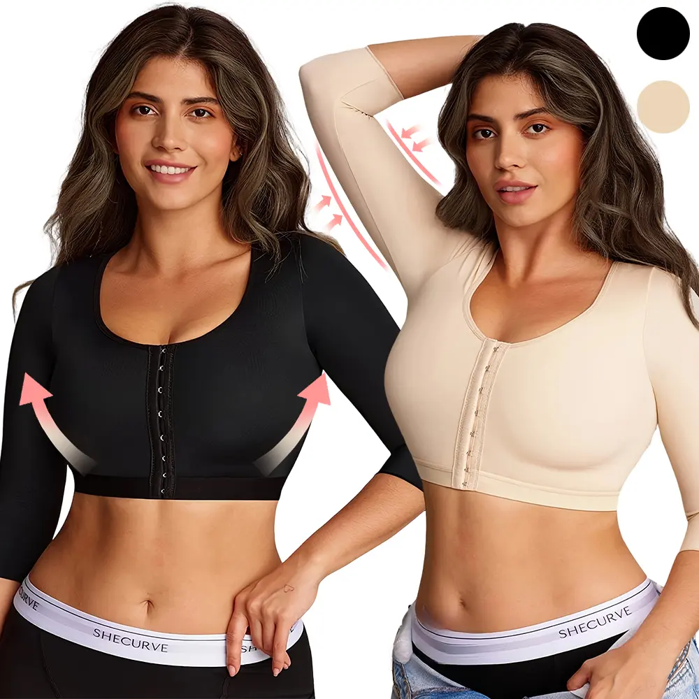 Women's Seamless Long Sleeve Push-Up Bra - Post-Surgical Compression Corrector, Body Contouring Shapewear with Check Design, Nylon Blend Solid Fabric, Black/Nude Options, Note: Runs Small