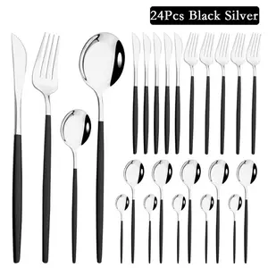 Stainless Steel Cutlery Set, 24pcs/set Including Spoon, Fork, Knife, Dessert Spoon, Tableware Set for Home, Party, Camping, Outdoor Activities, Dinnerware Service Set