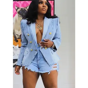 Denim Black/Light Blue/Dark Blue Notched Collar Gold Button Design Long Sleeve Double Breasted Women's Streetwear Jean Blazer Jacket