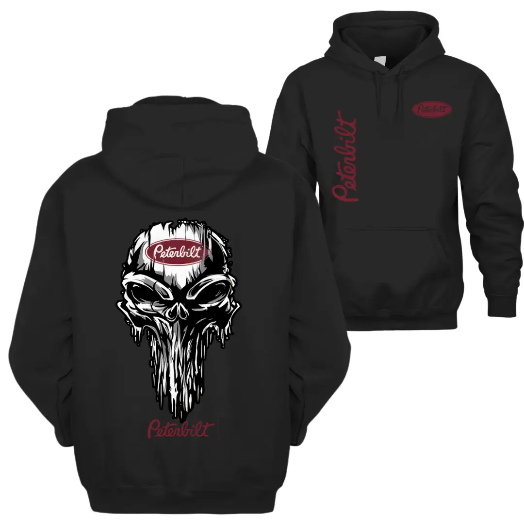 Peterbilt Skull Graphic Hoodie – 2side Trucker Style Pullover, Skeleton Semi Truck Hoodie, Classic Black Unisex Hoodie, Gift for Hauler Driver