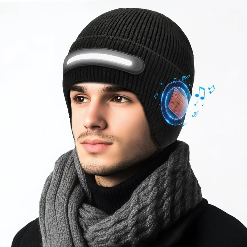 Bluetooth Beanie Hat with 3-Mode LED Light, Adjustable Knit Cotton Cap for Adults, USB-C Rechargeable for Skiing & Night Jogging, Adjustable Caps, Light-Up, Usb Recharge, 3-Segment Leds, Unisex