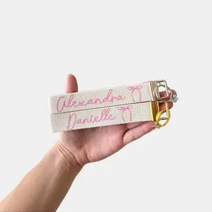 Custom Name Bow Print Keychain Wristlet - Pink 100% Cotton & Vinyl 6" x 1" Stylish Accessory for Keys & Wallets
