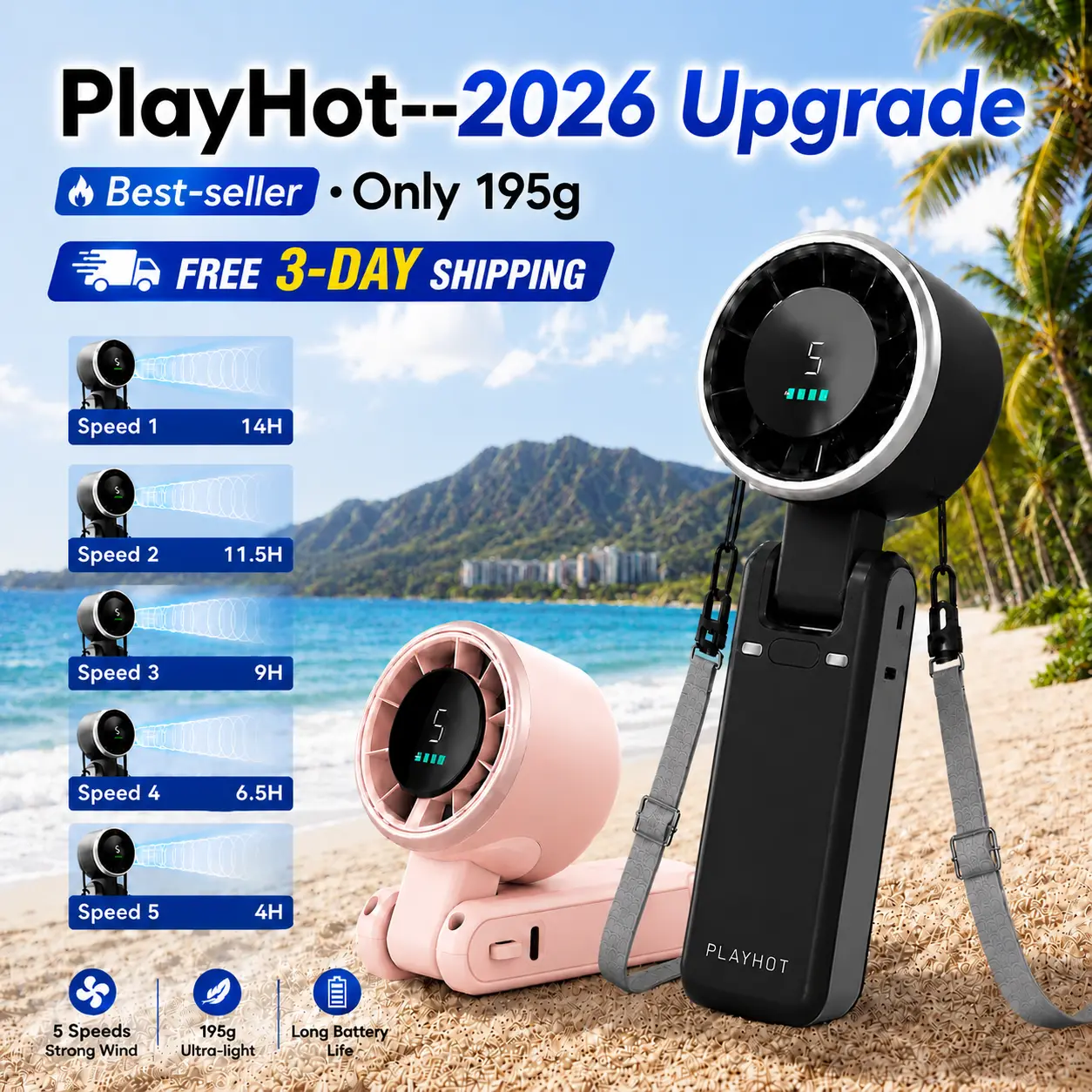 PLAYHOT Rechargeable Wearable USB Charging Fan - 4000mAh Long-Lasting, Pocket-Sized Adjustable Wind Speed Mini Fan, 2026 Summer Energy-Saving Home Appliance for Live Show Attendees, Travel In-Car Necessity, Rechargeable Wearable Fan