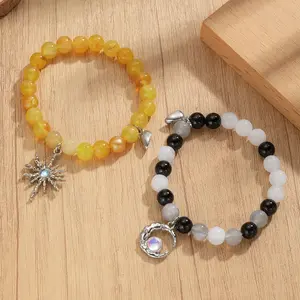 Stone Beaded Bracelet, Moon & Sun Design Charm Bracelet for Women & Men, Stackable Bracelets, Fashion Accessories for Party, Daily Clothing Decor, Bracelet with Charms