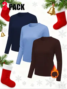 Women's Sporty Round Neck Long Sleeve T-Shirt Set, Soft Comfortable Moisture-Wicking Casual Home Wear, Plain Fitted Design, Sportswear All Seasons, Athletic Workout Clothing
