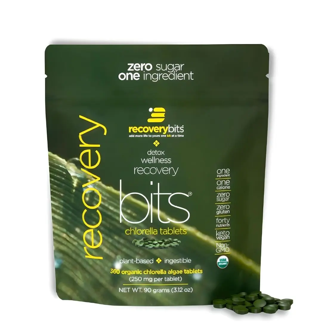 RECOVERYbits Organic Chlorella Algae Tablets: Detox, Immune Support, 40+ VItamins, High Protein: 360 Count Edible Supplement