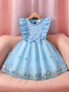 Girl's Butterfly Pattern Bow Decor Ruffle Dress, Cute Round Neck Dress for Summer, Kids Clothes for Daily Wear, Butterfly Print Dress, Frilled Dress