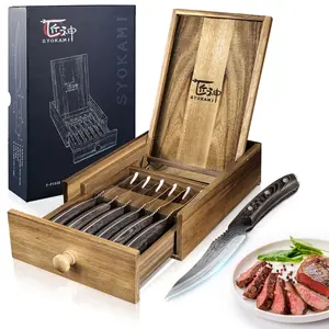 【TikTokShopSpringGlowUp】 SYOKAMI 4.8 Inch Steak Knives Set of 6 with Drawer Organizer, High Carbon Japanese Style Non Serrated Meat Knife with Wood Handle, Damascus Pattern Full Tang Design, Razor-Sharp Dinner Knives, Gift for Mother's Day