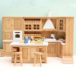Classic Natural Wood Island Kitchen 1:12 Miniature for Dollhouse Scene Decor, Perfect Gift Idea