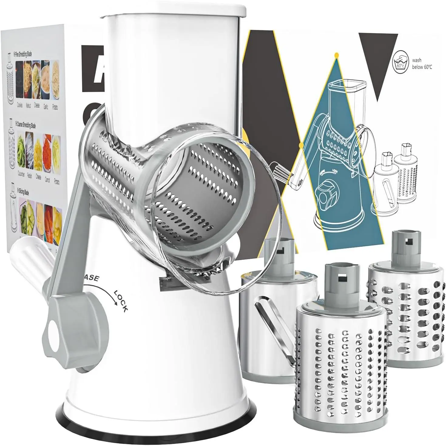 Kitchen Utensils Set: Hand Crank Rotary Cheese Grater Slicer with Non-Slip Suction Base, 3 Blades, Free Cleaning Brush for Fresh Cheese, Vegetables, Nuts (White)